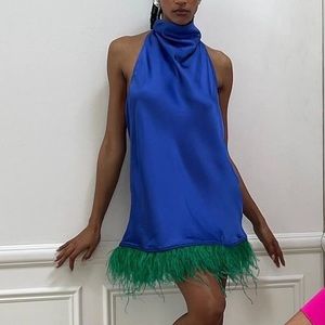 Blue Satin Halter Dress w Green Feathers